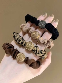 4 Cái/bộ Dây Buộc Tóc Màu Trơn In Da Báo Phụ Kiện Tóc - Nhiều màu - Xem 1