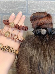 4 Cái/bộ Dây Buộc Tóc Màu Trơn In Da Báo Phụ Kiện Tóc - Nhiều màu - Xem 4