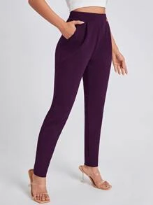 SHEIN Essnce Solid Slant Pocket Trousers - Purple - View 2