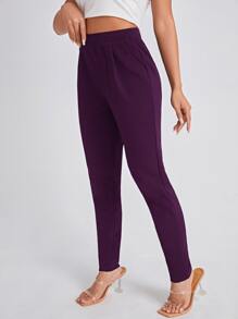 SHEIN Essnce Solid Slant Pocket Trousers - Purple - View 5