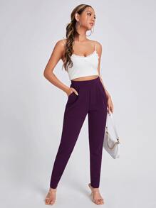 SHEIN Essnce Solid Slant Pocket Trousers - Purple - View 6