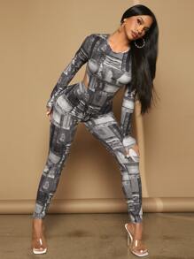 SHEIN SXY Patchwork Print High Cut Bodysuit & Leggings - Multicolor - View 3