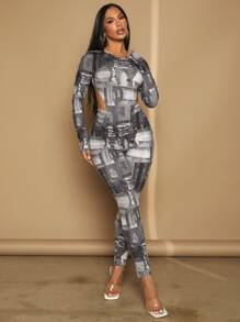 SHEIN SXY Patchwork Print High Cut Bodysuit & Leggings - Multicolor - View 1