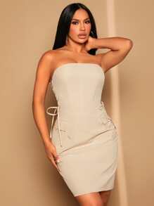 SHEIN SXY Đầm Ren lên Dây kéo màu trơn Thanh lịch - Màu be - Xem 3