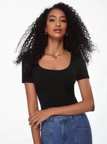 SHEIN BASICS 純色包頸連體衣 - 黑色 - 查看 5