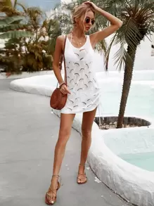 Swim Vcay Summer Beach Hollow Out Drawstring Side Cover Up Dress Without Bikini Bottom - White - View 5