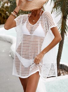 Swim Vcay Summer Beach Hollow Out Split Hem Cover Up Dress Without Bikini Set - White - View 1