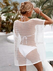 Swim Vcay Summer Beach Hollow Out Split Hem Cover Up Dress Without Bikini Set - White - View 2