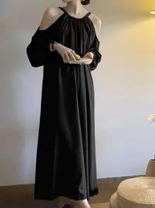 Vestido unicolor de hombros descubiertos - Negro - Ver 1