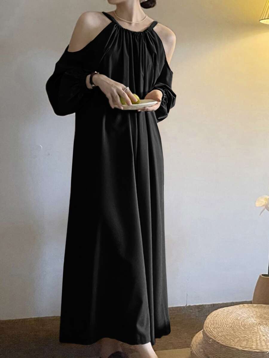 Vestido unicolor de hombros descubiertos - Negro - Ver 1