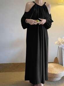 Vestido unicolor de hombros descubiertos - Negro - Ver 3