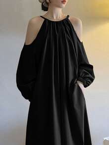 Vestido unicolor de hombros descubiertos - Negro - Ver 4