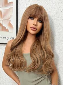 Long Body Wave Synthetic Wig With Bangs - Light Brown - View 1