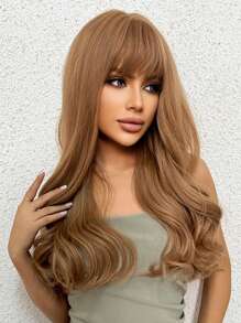 Long Body Wave Synthetic Wig With Bangs - Light Brown - View 4