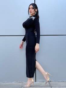 Modelyn Mock Neck Fringe Trim Split Back Bodycon Dress - Black - View 2