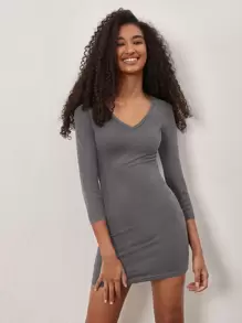 SHEIN BASICS Solid V Neck Bodycon Dress - Grey - View 1
