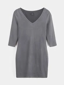 SHEIN BASICS Solid V Neck Bodycon Dress - Grey - View 7