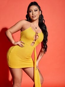 SHEIN SXY 環鏈鏤空前垂褶後背繫帶緊身連衣裙 - 黃色 - 查看 5
