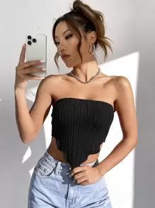 SHEIN EZwear Áo nữ Bất đối xứng Gân đan màu trơn Giải trí - màu đen - Xem 3