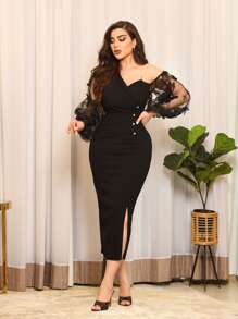 Modelyn Contrast Mesh Asymmetrical Neck Lantern Sleeve Button Front Dress Long Evening Dresses - Black - View 3