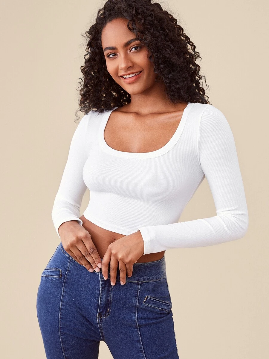 SHEIN BASICS Áo thun nữ Gân đan màu trơn Giải trí - trắng - Xem 1