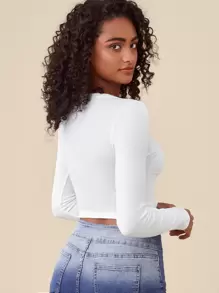 SHEIN BASICS Áo thun nữ Gân đan màu trơn Giải trí - trắng - Xem 2
