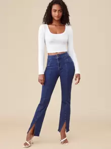 SHEIN BASICS Áo thun nữ Gân đan màu trơn Giải trí - trắng - Xem 3