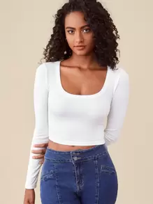 SHEIN BASICS Áo thun nữ Gân đan màu trơn Giải trí - trắng - Xem 4