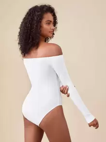 SHEIN BASICS Off Shoulder Solid Bodysuit/Summer - White - View 2
