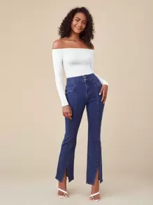 SHEIN BASICS Off Shoulder Solid Bodysuit/Summer - White - View 4