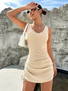SHEIN EZwear 褶邊華夫格編織側抽繩背心連衣裙 - 杏色 - 查看 7