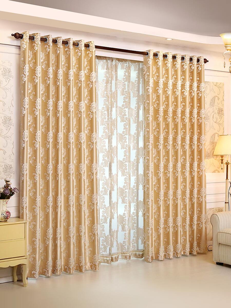 1pc Golden Floral Pattern Polyester Jacquard Luxury Style Curtain, For Living Room/Bedroom Window/Door Decoration