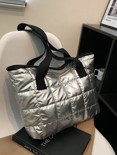 Bolso de hombro con acolchado y ribete de contraste, bolsos de mano para estudiantes, con múltiples compartimentos, perfectos para la playa, la escuela, el trabajo y el uso diario