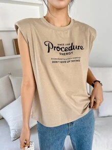 DAZY 標語圖案墊肩背心上衣 - 卡其色 - 查看 1