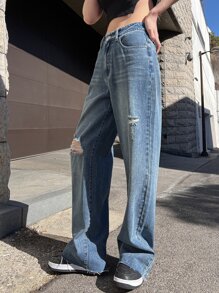 DAZY Ripped Raw Hem Straight Leg Jeans - Dark Wash - View 3