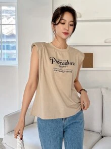 DAZY 標語圖案墊肩背心上衣 - 卡其色 - 查看 3