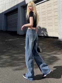 DAZY Ripped Raw Hem Straight Leg Jeans - Dark Wash - View 5