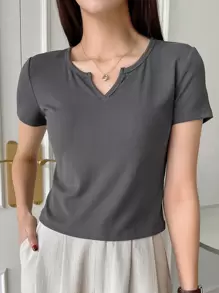 DAZY Đồ đan Ribbed Cổ có Lỗ hổng Áo thun - Màu xám đen - Xem 1