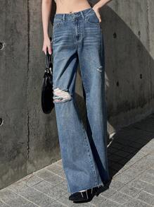 DAZY Ripped Raw Hem Straight Leg Jeans - Dark Wash - View 6