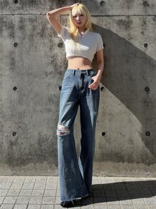 DAZY Ripped Raw Hem Straight Leg Jeans - Dark Wash - View 7