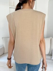 DAZY 標語圖案墊肩背心上衣 - 卡其色 - 查看 7