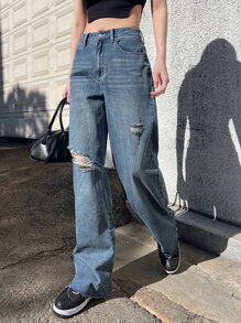 DAZY Ripped Raw Hem Straight Leg Jeans - Dark Wash - View 8