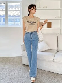 DAZY 標語圖案墊肩背心上衣 - 卡其色 - 查看 8