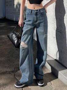 DAZY Ripped Raw Hem Straight Leg Jeans - Dark Wash - View 9