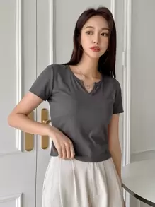 DAZY Đồ đan Ribbed Cổ có Lỗ hổng Áo thun - Màu xám đen - Xem 5