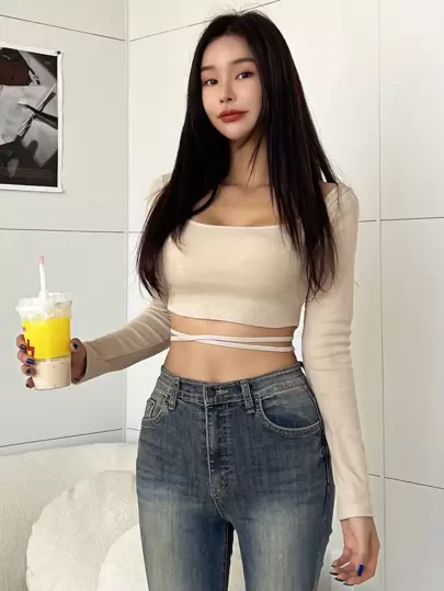 DAZY Solid Criss Cross Tie Back Crop Tee Long Sleeve Women Tops,Fall Women Clothes