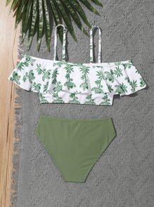 SHEIN Conjunto de bikini de volantes con estampado de palmeras para adolescentes, verano playa - Multicolor - Ver 2