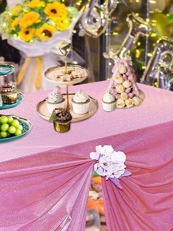 1pc Pink Tablecloth, Polyester Sequin Decor Decorative Fabric Table