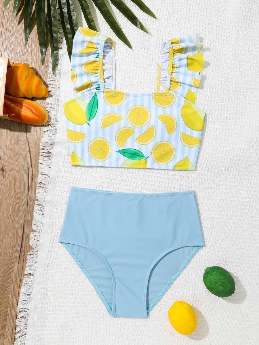 SHEIN 少女柠檬印花荷叶边比基尼套装夏季海滩