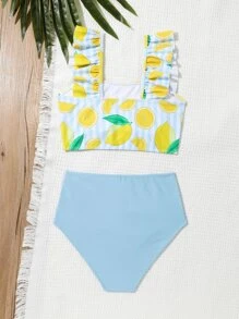 SHEIN 少女柠檬印花荷叶边比基尼套装夏季海滩
